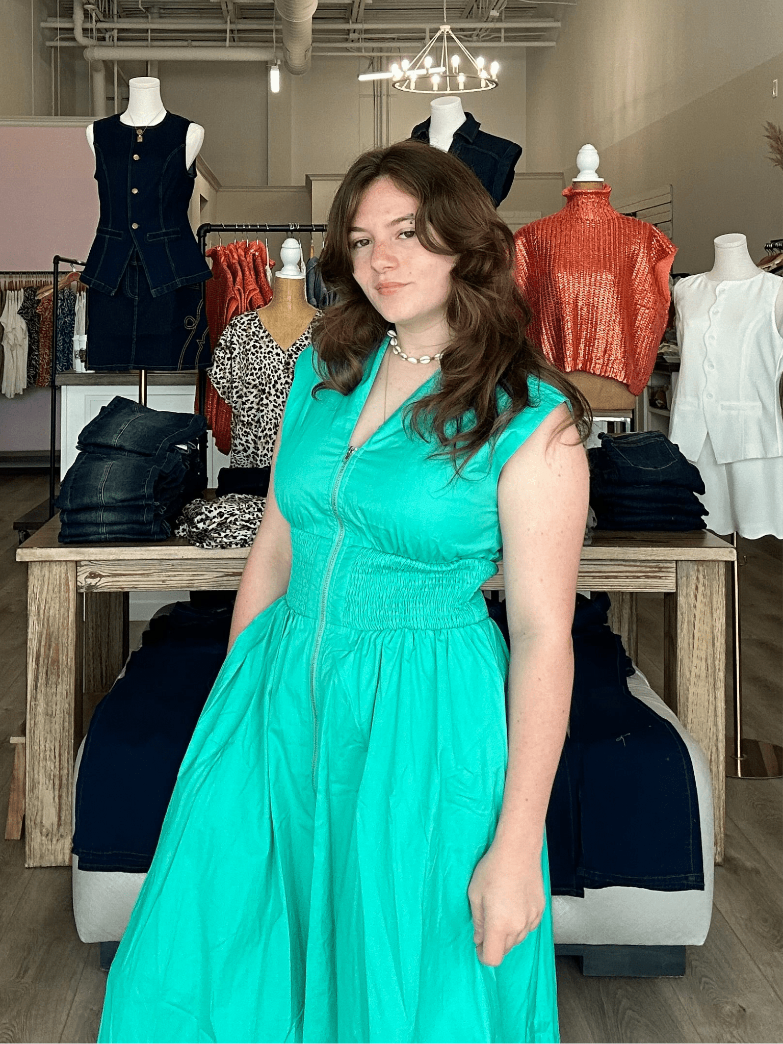 DROP SHOULDER SMOCKED WAIST MIDI DRESS W/FRONT ZIPPER AND POCKETS - Mainstream Boutique