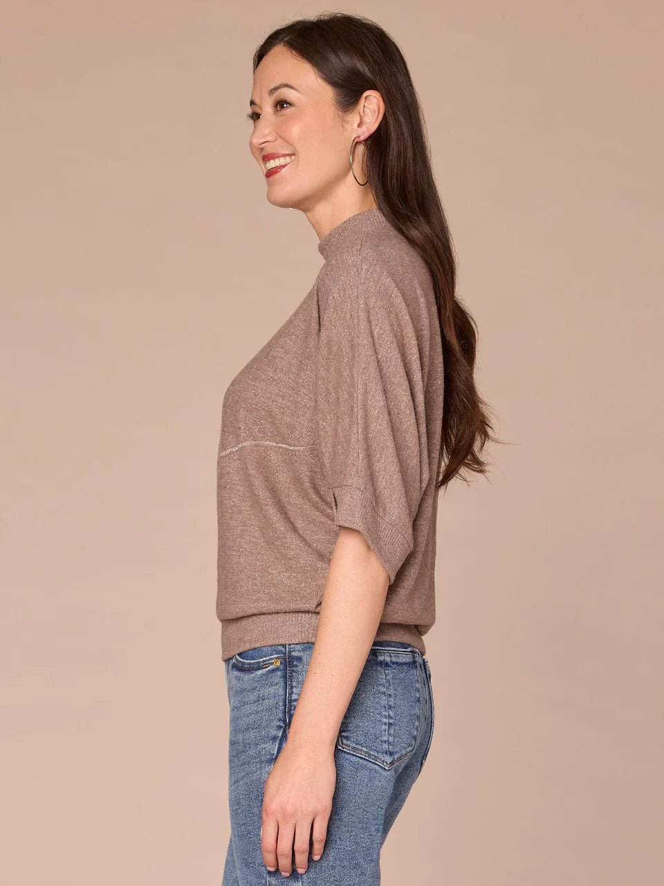 Three Quarter Dolman Sleeve Mock Neck Banded Hem Knit Top - Mainstream Boutique