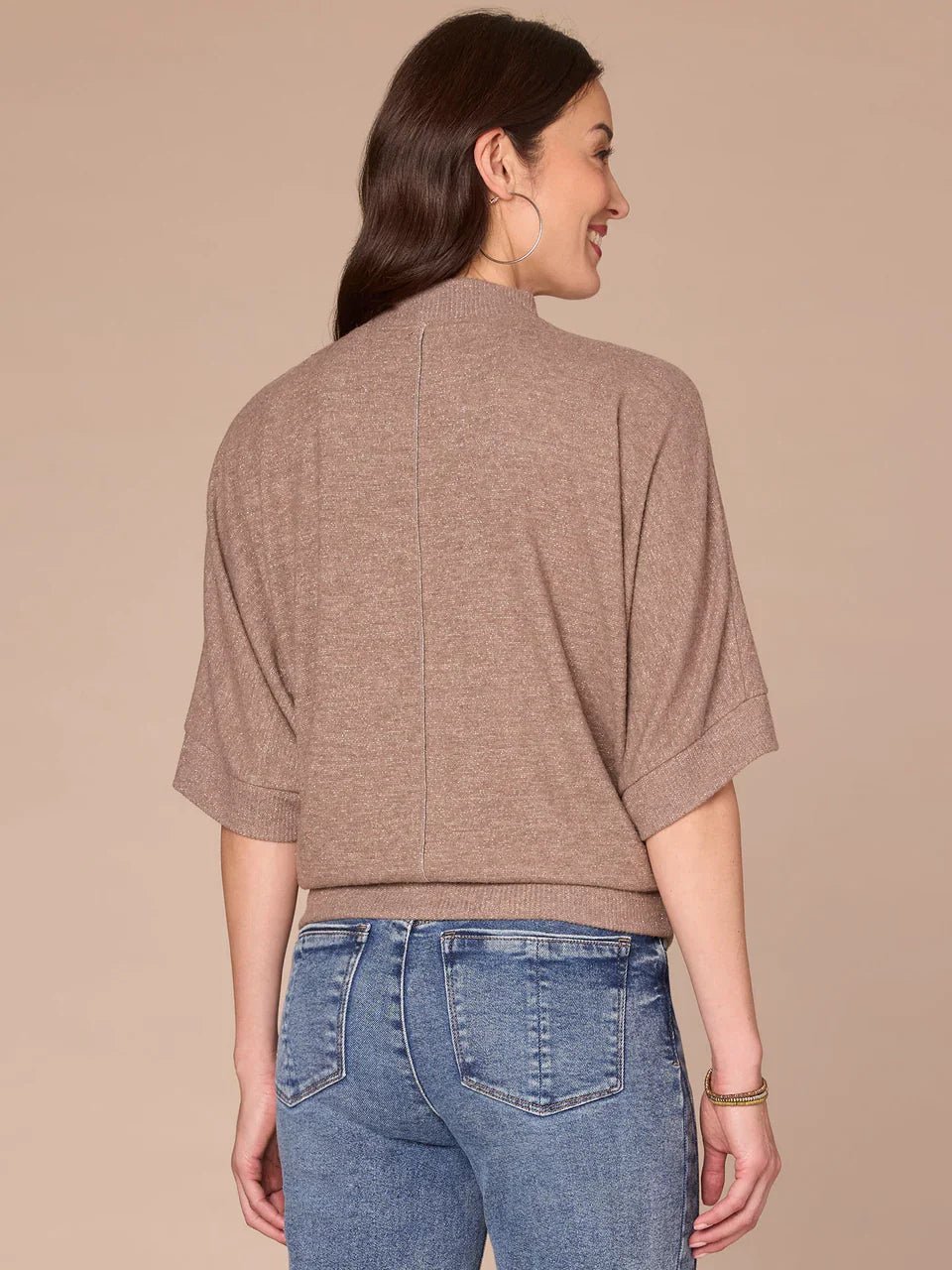 Three Quarter Dolman Sleeve Mock Neck Banded Hem Knit Top - Mainstream Boutique