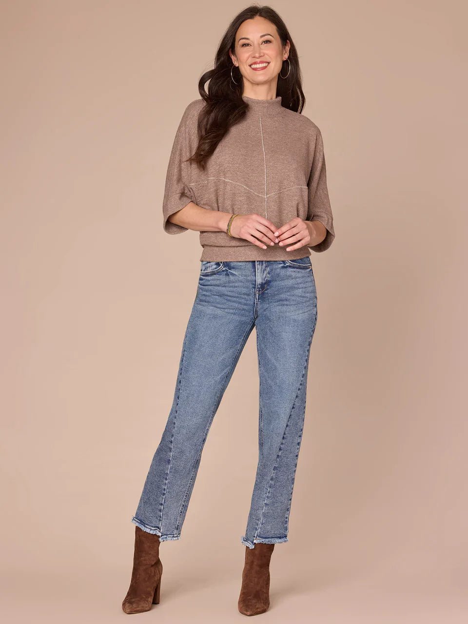 Three Quarter Dolman Sleeve Mock Neck Banded Hem Knit Top - Mainstream Boutique