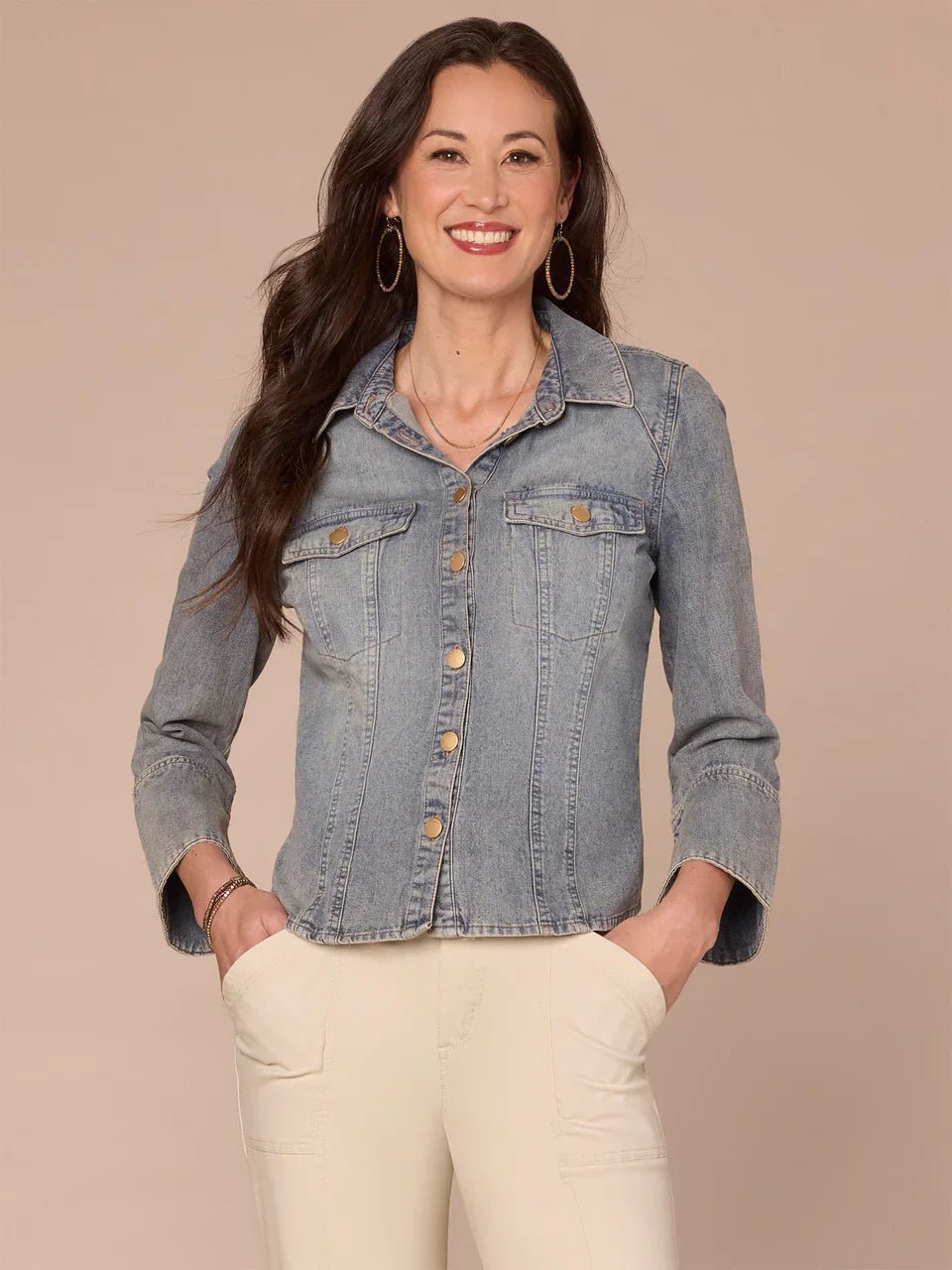 Three Quarter French Cuff Sleeve Button Down Flap Pocket Denim Shirt - Mainstream Boutique