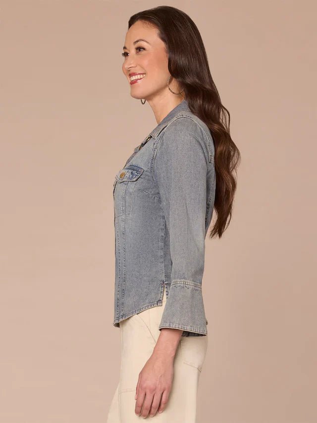 Three Quarter French Cuff Sleeve Button Down Flap Pocket Denim Shirt - Mainstream Boutique