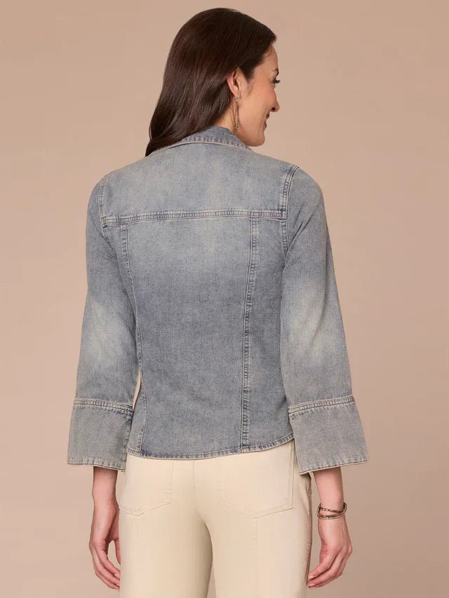 Three Quarter French Cuff Sleeve Button Down Flap Pocket Denim Shirt - Mainstream Boutique