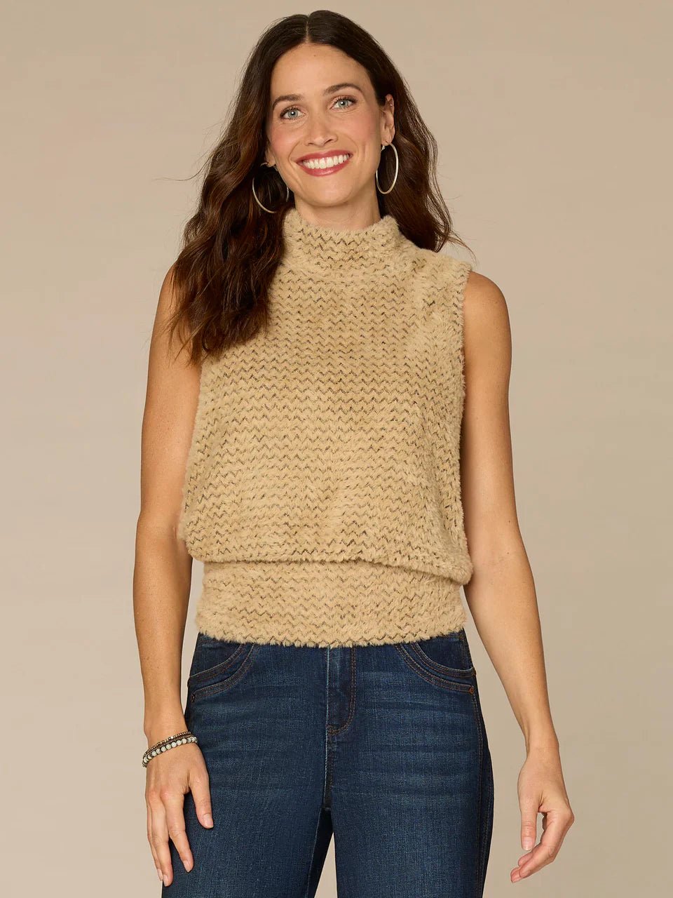 Sleeveless Turtle Neck Banded Ruched Hem Fuzzy Top - Mainstream Boutique