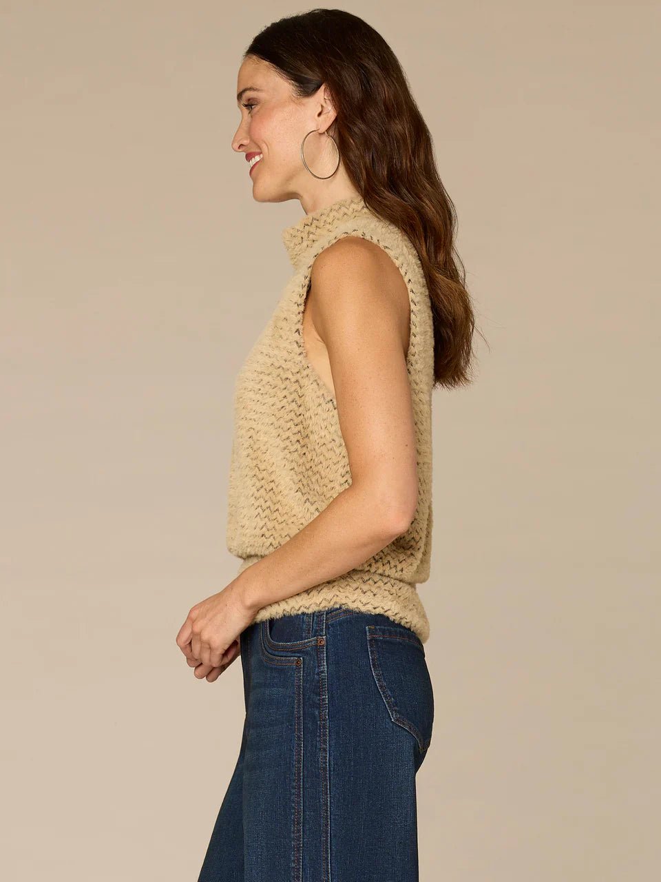 Sleeveless Turtle Neck Banded Ruched Hem Fuzzy Top - Mainstream Boutique