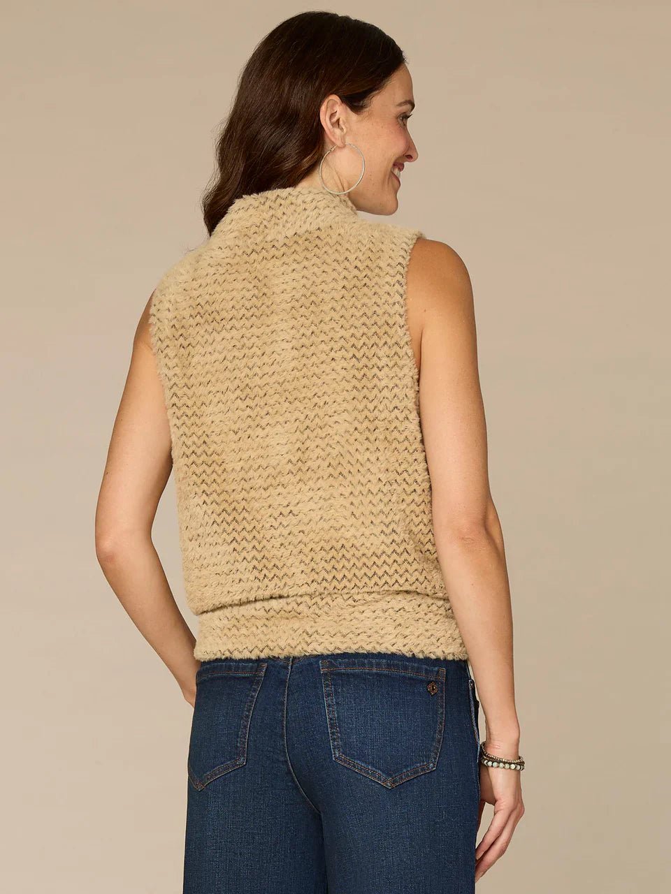 Sleeveless Turtle Neck Banded Ruched Hem Fuzzy Top - Mainstream Boutique