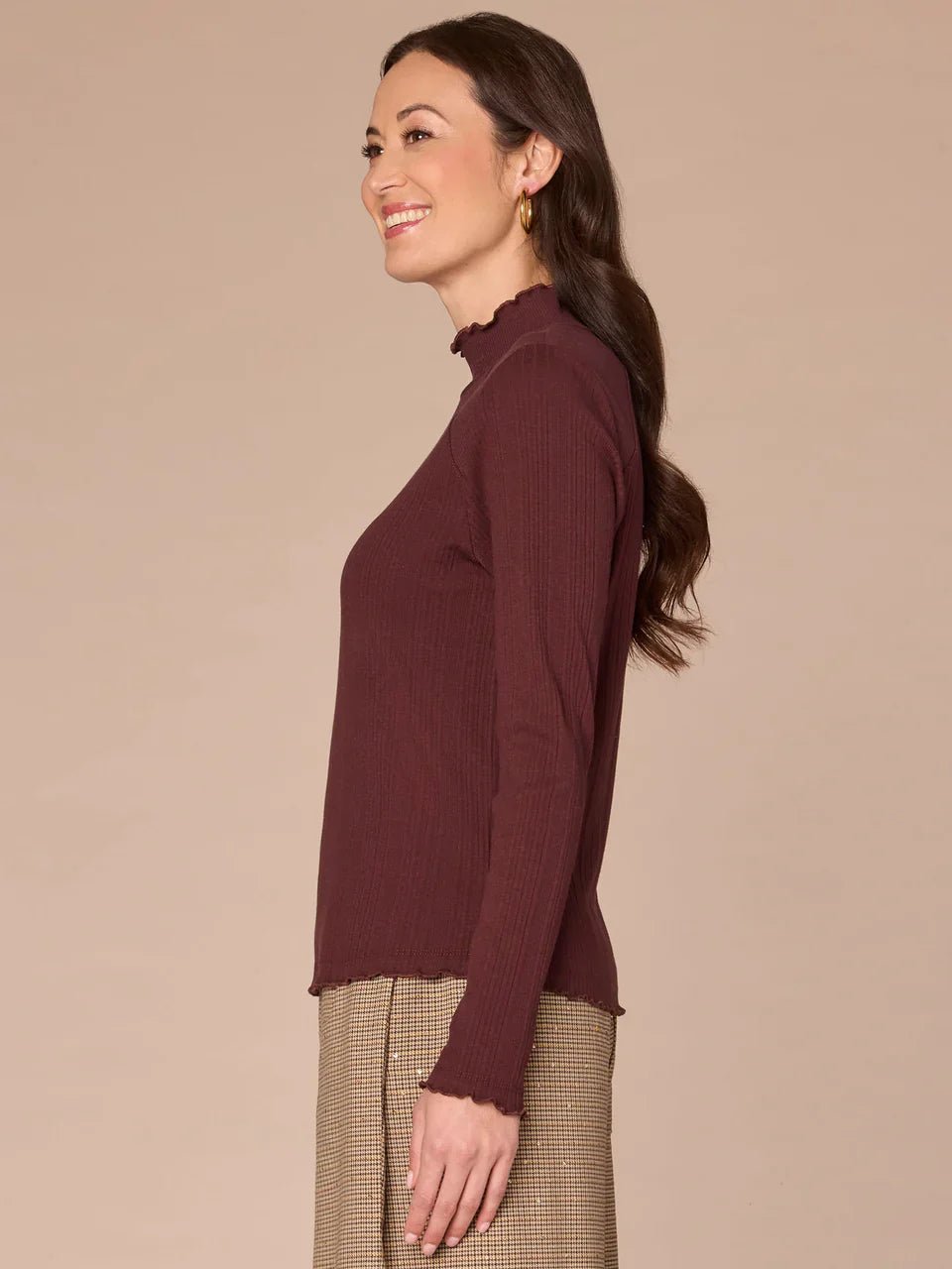Long Sleeve Mock Neck Mixed Media Knit Top With Lettuce Edge Detail - Mainstream Boutique