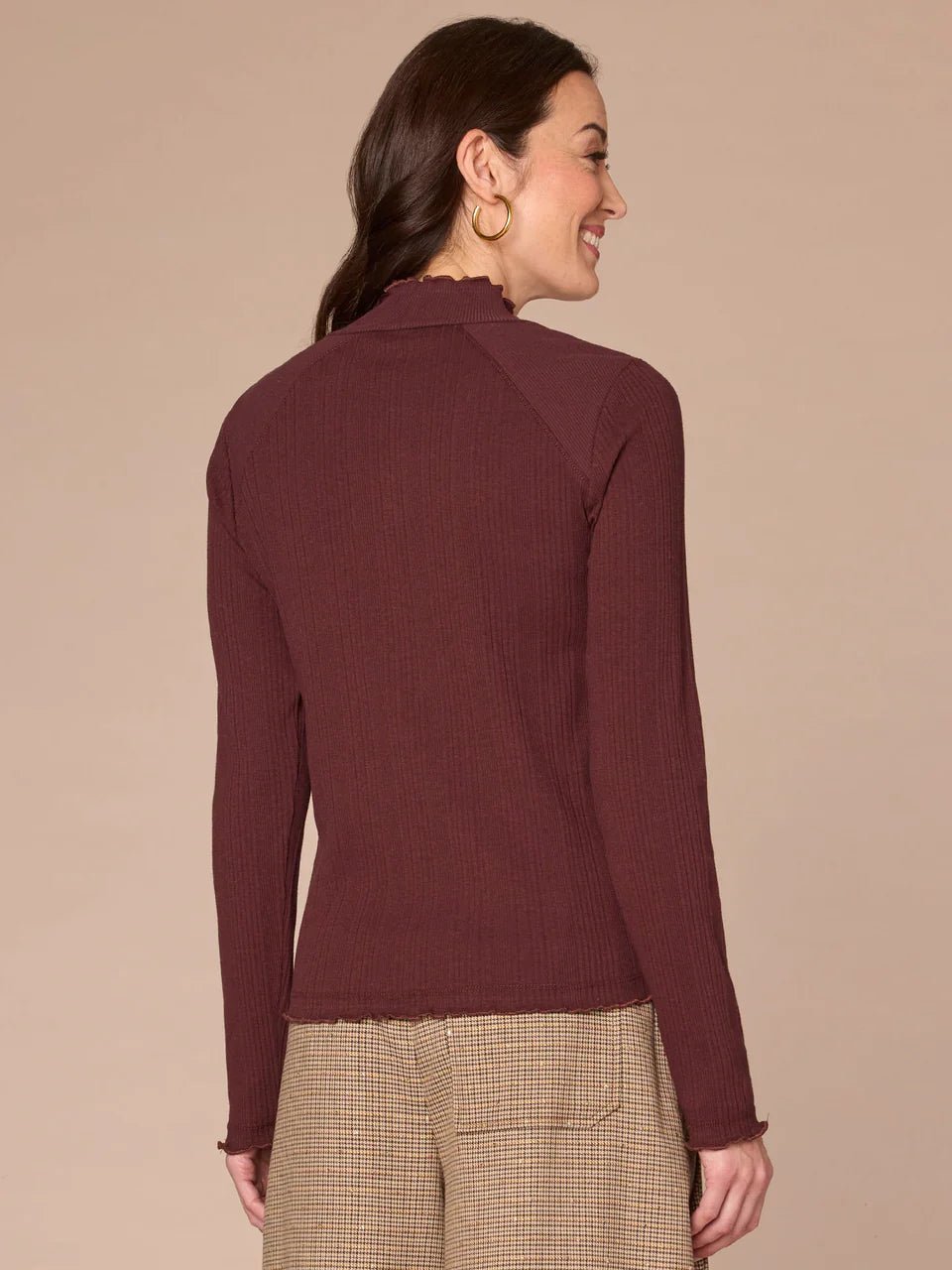 Long Sleeve Mock Neck Mixed Media Knit Top With Lettuce Edge Detail - Mainstream Boutique