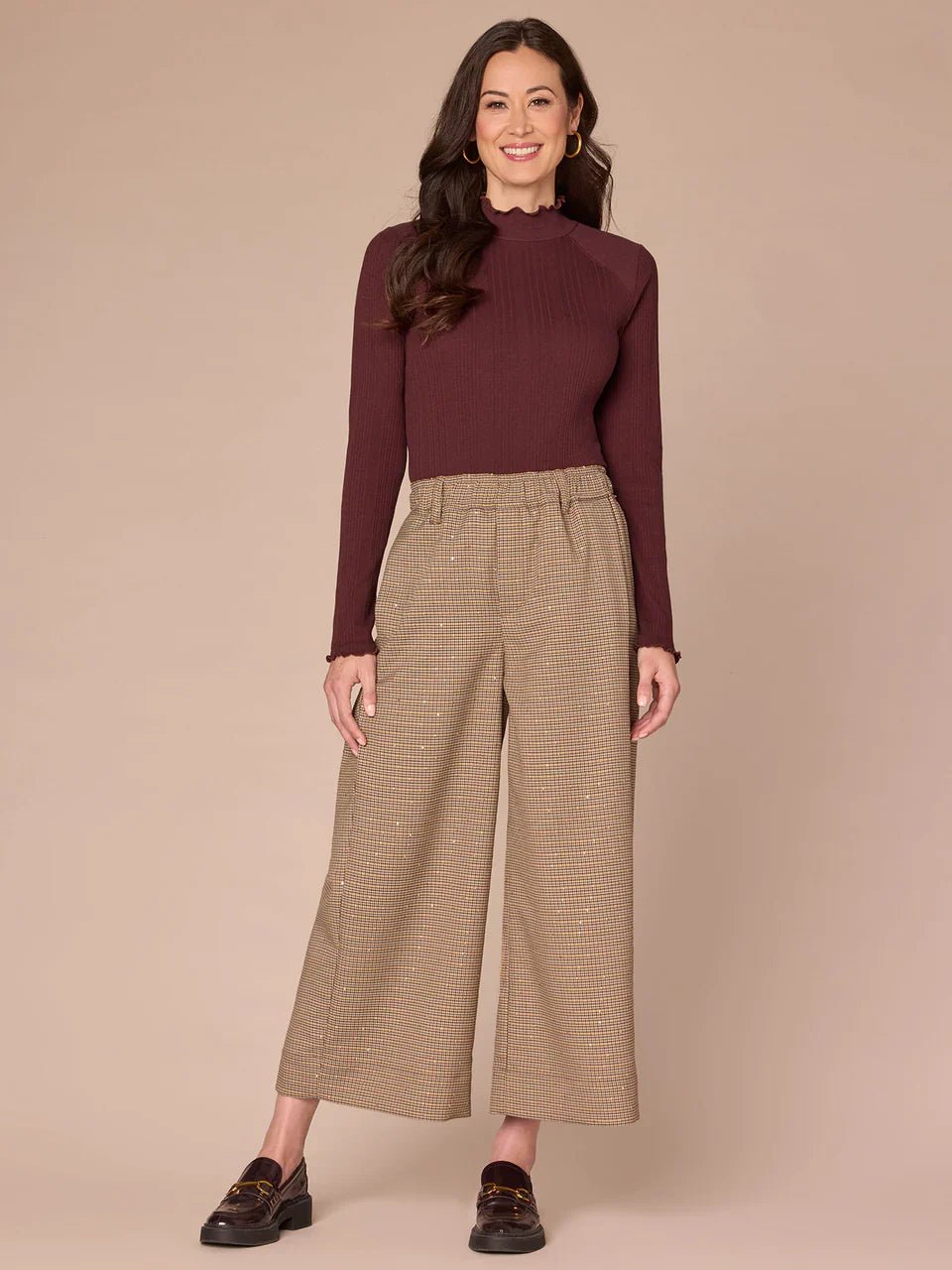 Long Sleeve Mock Neck Mixed Media Knit Top With Lettuce Edge Detail - Mainstream Boutique