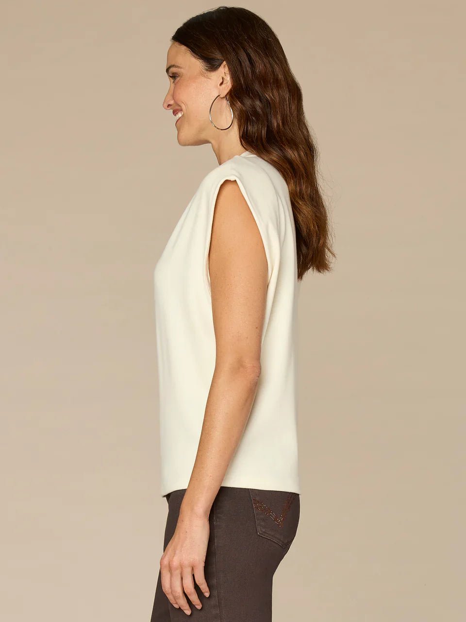 Extended Cap Sleeve Crew Neck Knit Top With Rhinestone Cut Out - Mainstream Boutique
