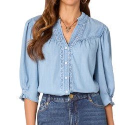 Lyocell V - Notch Crochet Inset Elbow Sleeve Top - Mainstream Boutique