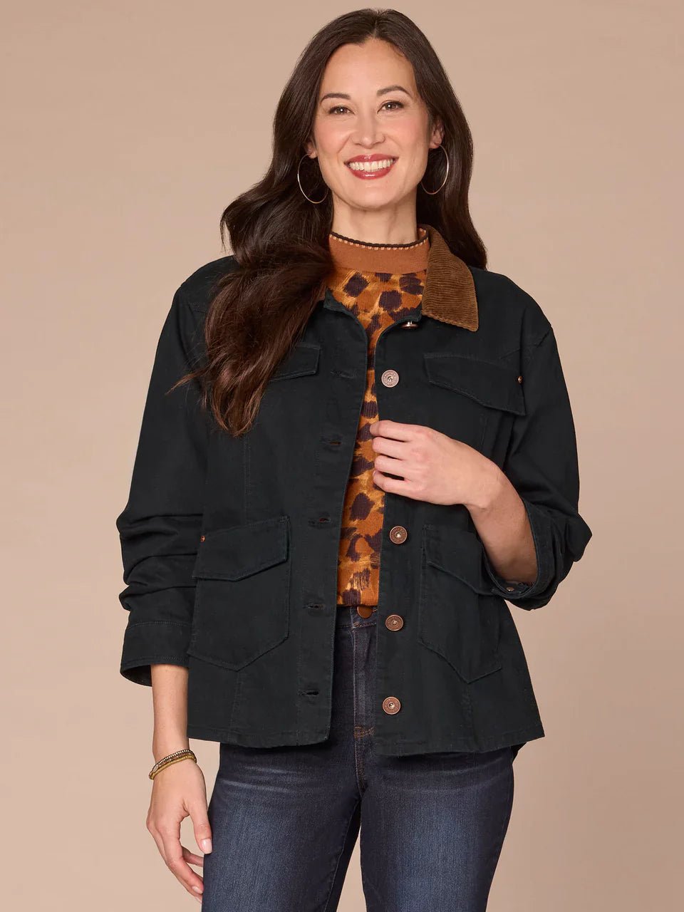 Three Quarter Ruched Sleeve Button Front Jacket With Contrast Collar - Mainstream Boutique