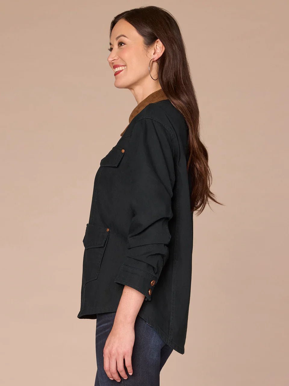 Three Quarter Ruched Sleeve Button Front Jacket With Contrast Collar - Mainstream Boutique