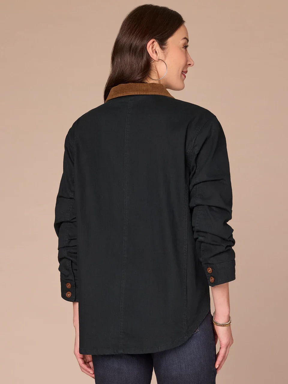 Three Quarter Ruched Sleeve Button Front Jacket With Contrast Collar - Mainstream Boutique