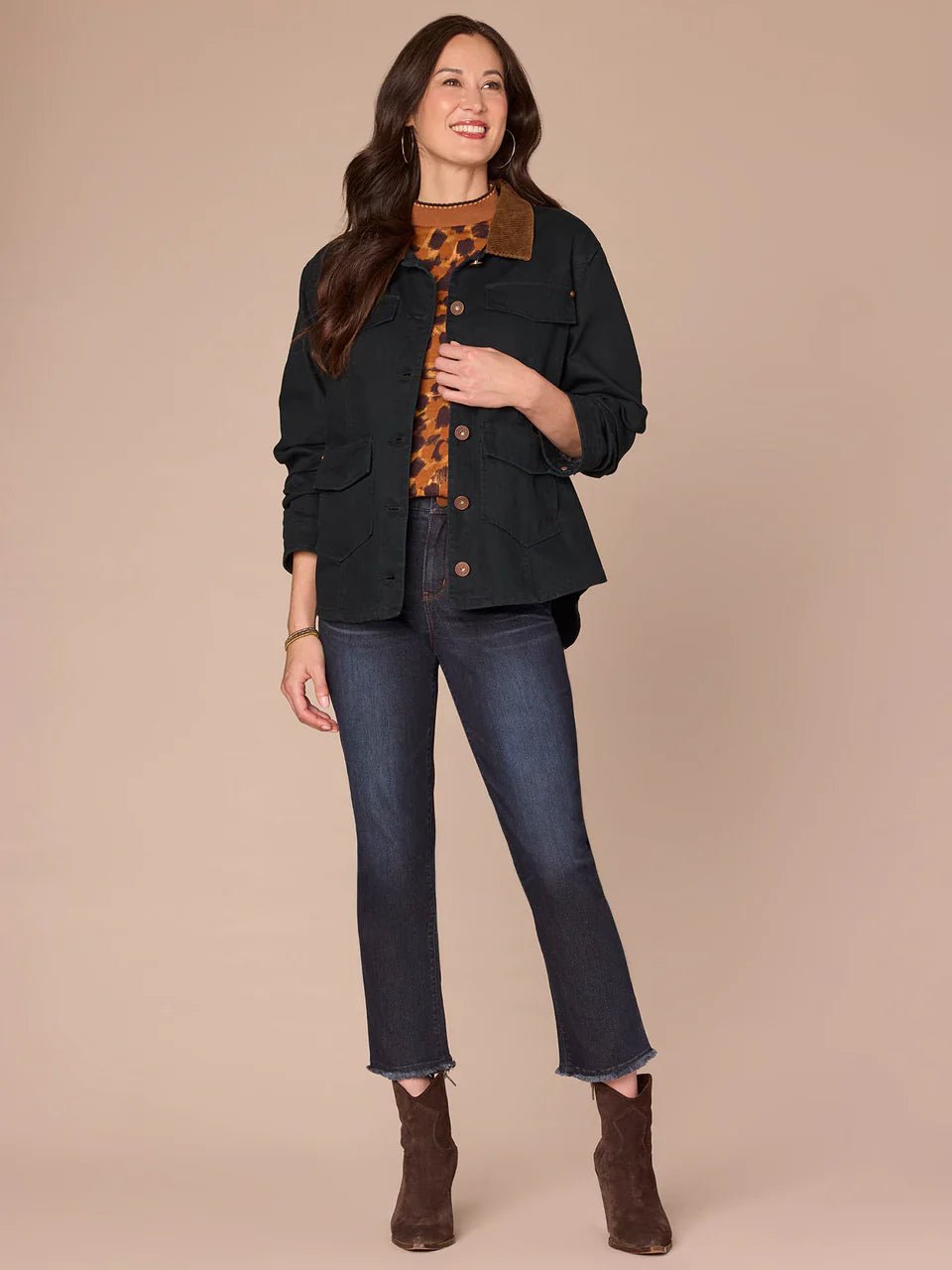 Three Quarter Ruched Sleeve Button Front Jacket With Contrast Collar - Mainstream Boutique