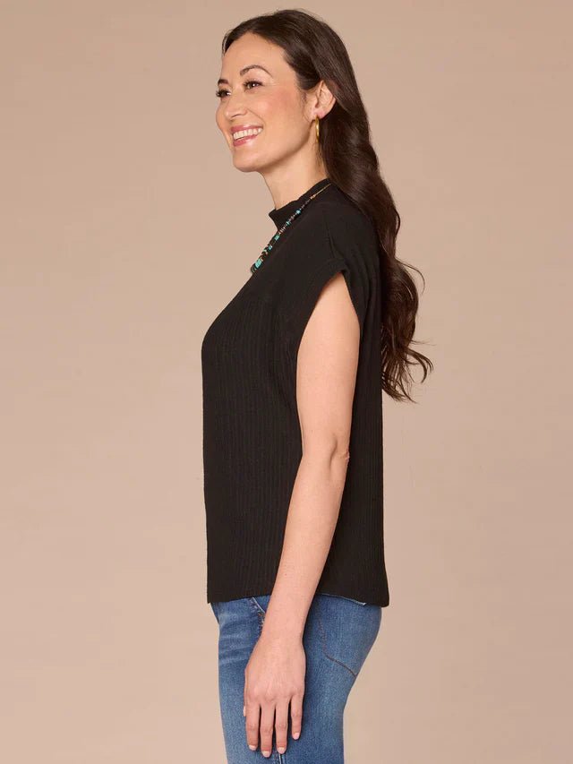 Extended Cap Sleeve Mock Neck Curved Placket Knit Top - Mainstream Boutique