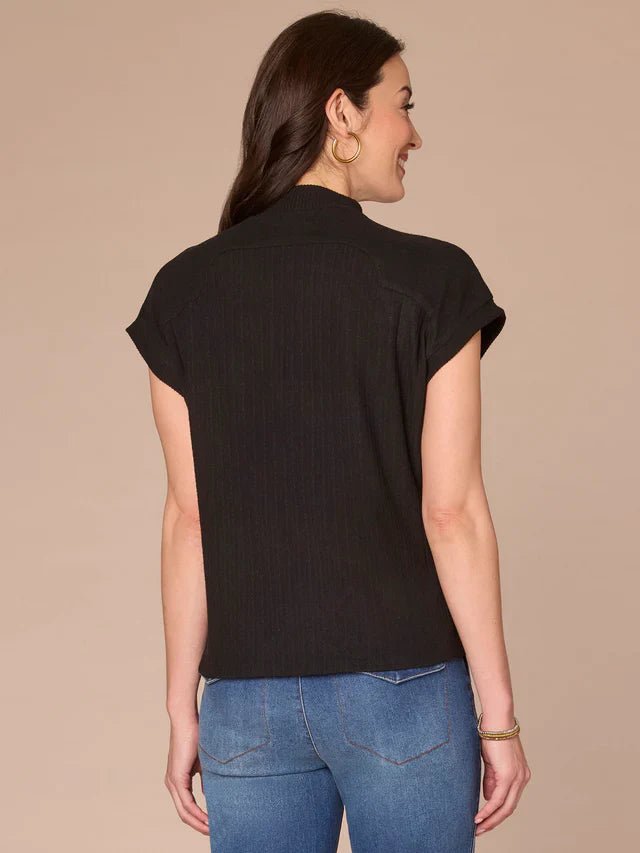 Extended Cap Sleeve Mock Neck Curved Placket Knit Top - Mainstream Boutique