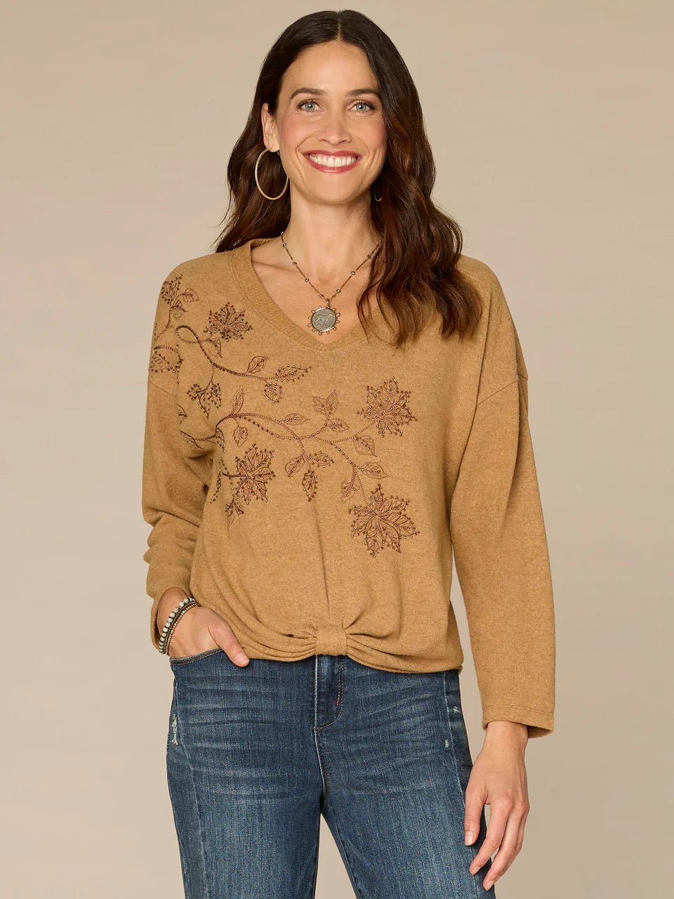 Long Sleeve V - Neck Knot Hem Knit Top With Beaded Floral Embroidery - Mainstream Boutique