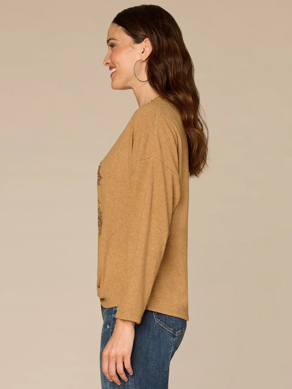 Long Sleeve V - Neck Knot Hem Knit Top With Beaded Floral Embroidery - Mainstream Boutique