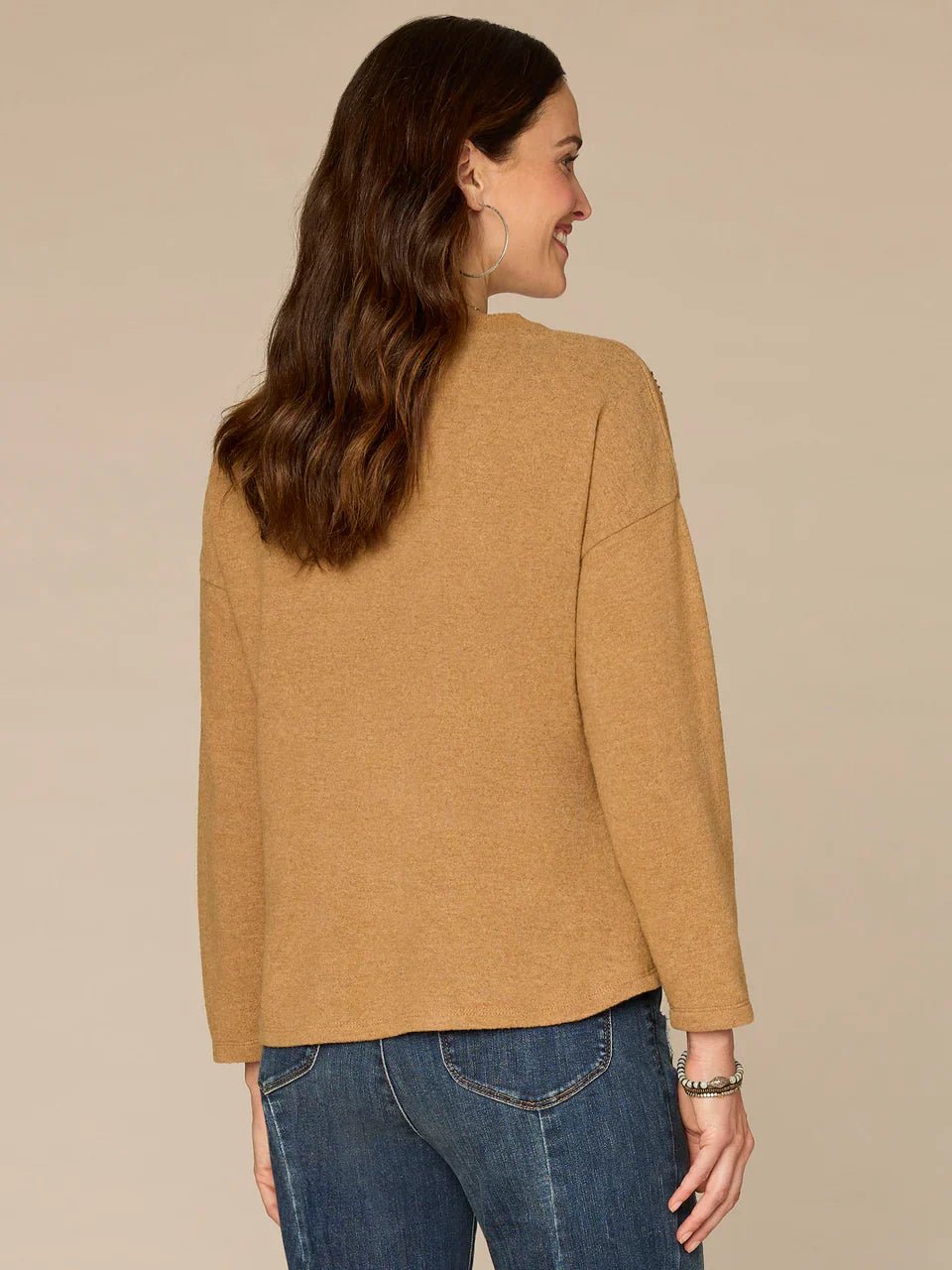 Long Sleeve V - Neck Knot Hem Knit Top With Beaded Floral Embroidery - Mainstream Boutique