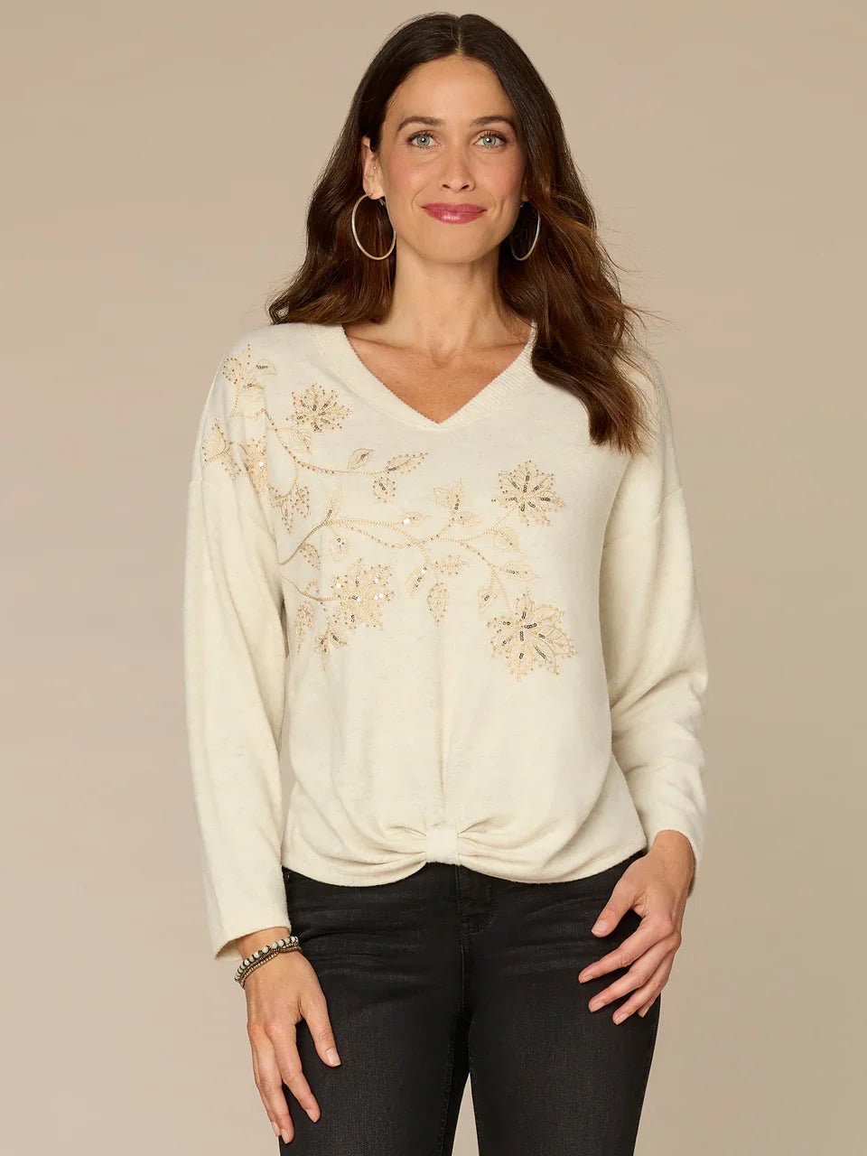 Long Sleeve V - Neck Knot Hem Knit Top With Beaded Floral Embroidery - Mainstream Boutique