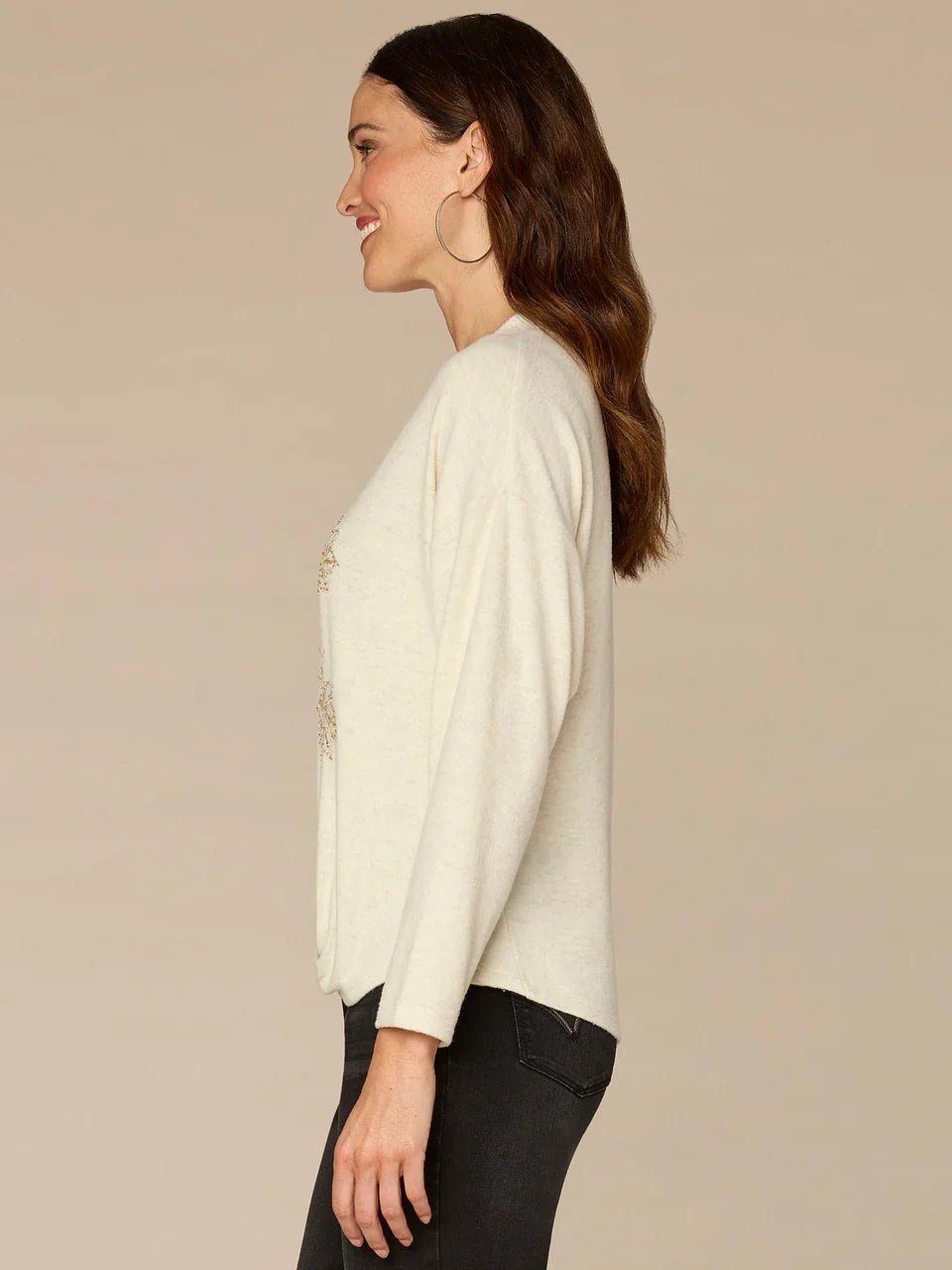 Long Sleeve V - Neck Knot Hem Knit Top With Beaded Floral Embroidery - Mainstream Boutique