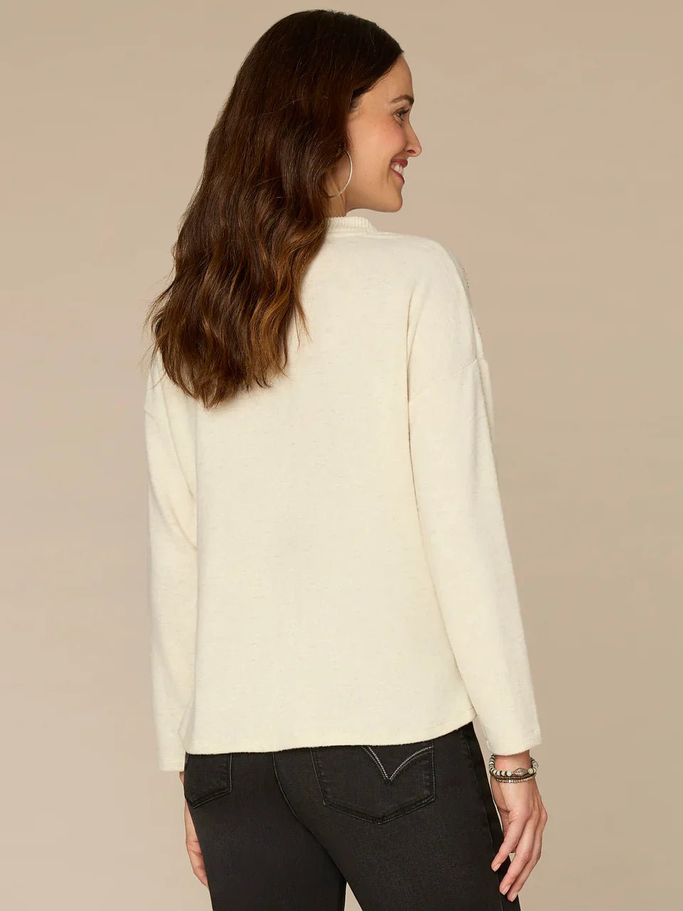Long Sleeve V - Neck Knot Hem Knit Top With Beaded Floral Embroidery - Mainstream Boutique