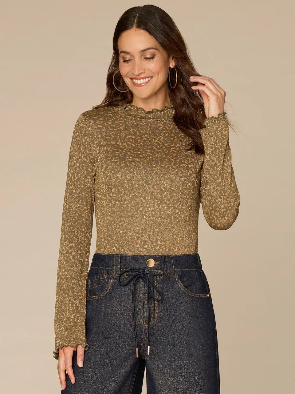 Long Bell Sleeve Mock Neck Knit Top With Lettuce Edge Detail - Mainstream Boutique