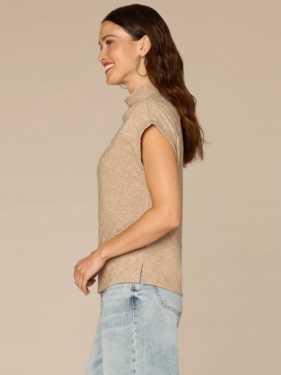 Extended Cap Sleeve Mock Neck Slit Hem Mixed Media Knit Top - Mainstream Boutique