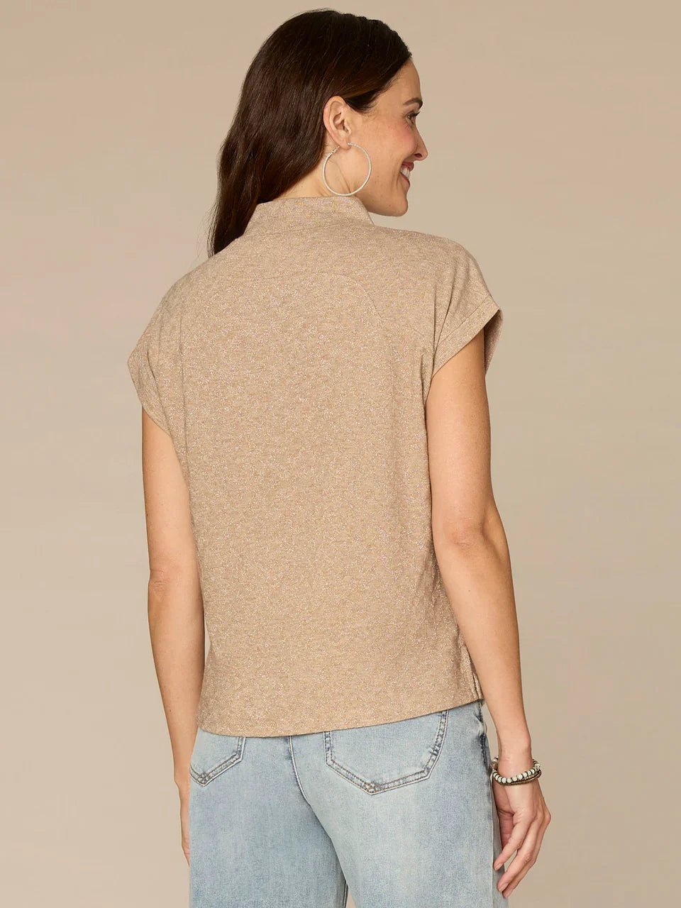 Extended Cap Sleeve Mock Neck Slit Hem Mixed Media Knit Top - Mainstream Boutique
