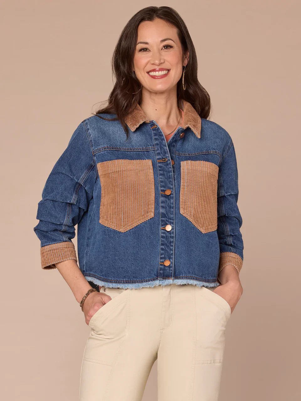 Ruched Sleeve Button Front Mixed Media Denim Jacket With Fray Hem - Mainstream Boutique