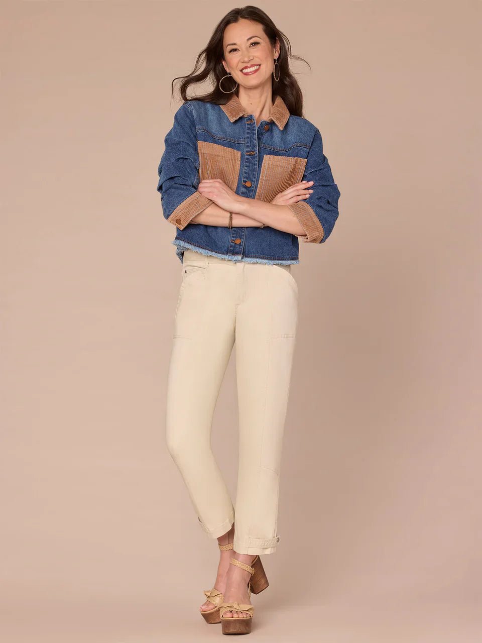 Ruched Sleeve Button Front Mixed Media Denim Jacket With Fray Hem - Mainstream Boutique