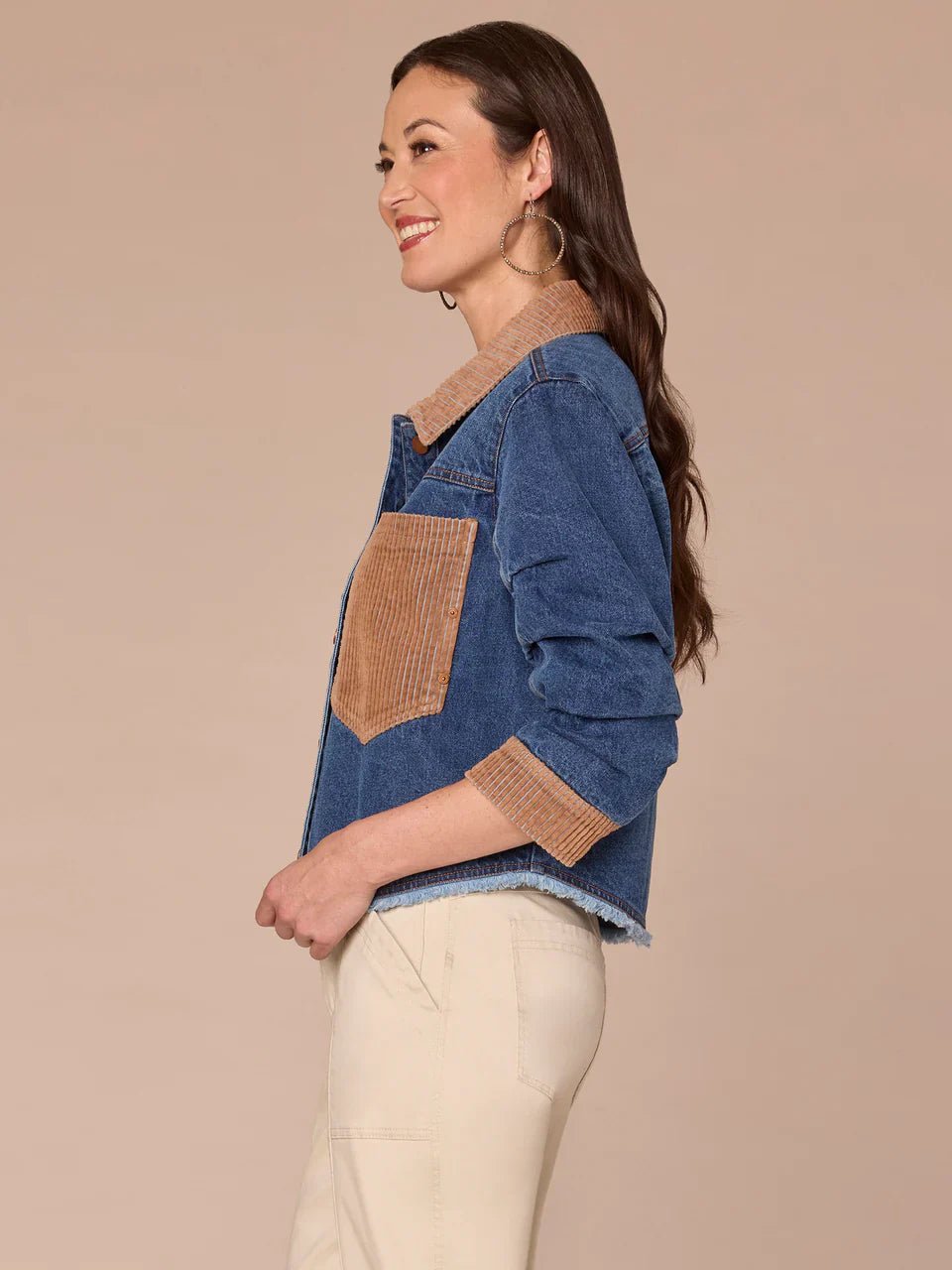 Ruched Sleeve Button Front Mixed Media Denim Jacket With Fray Hem - Mainstream Boutique