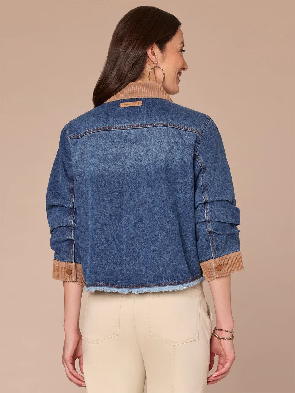 Ruched Sleeve Button Front Mixed Media Denim Jacket With Fray Hem - Mainstream Boutique