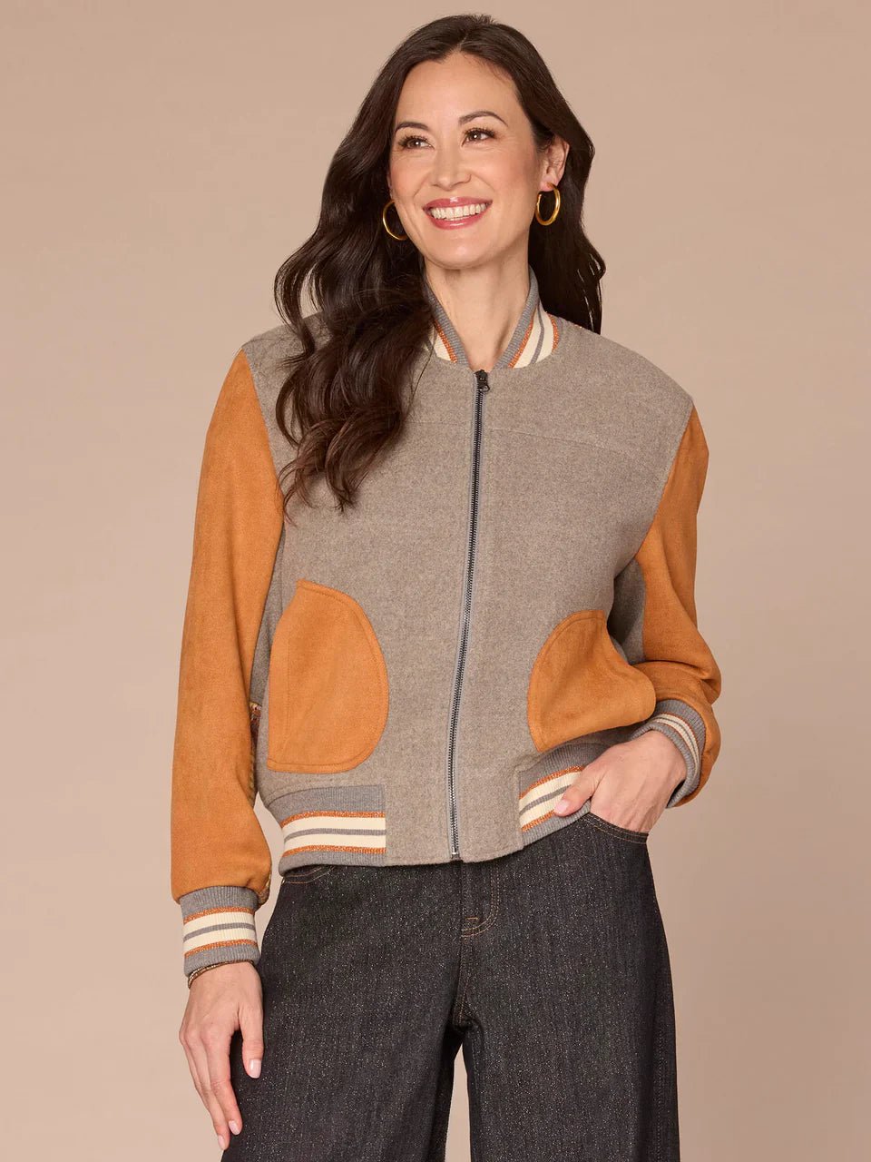 Long Sleeve Stand Collar Round Patch Pocket Mixed Media Woven Jacket - Mainstream Boutique