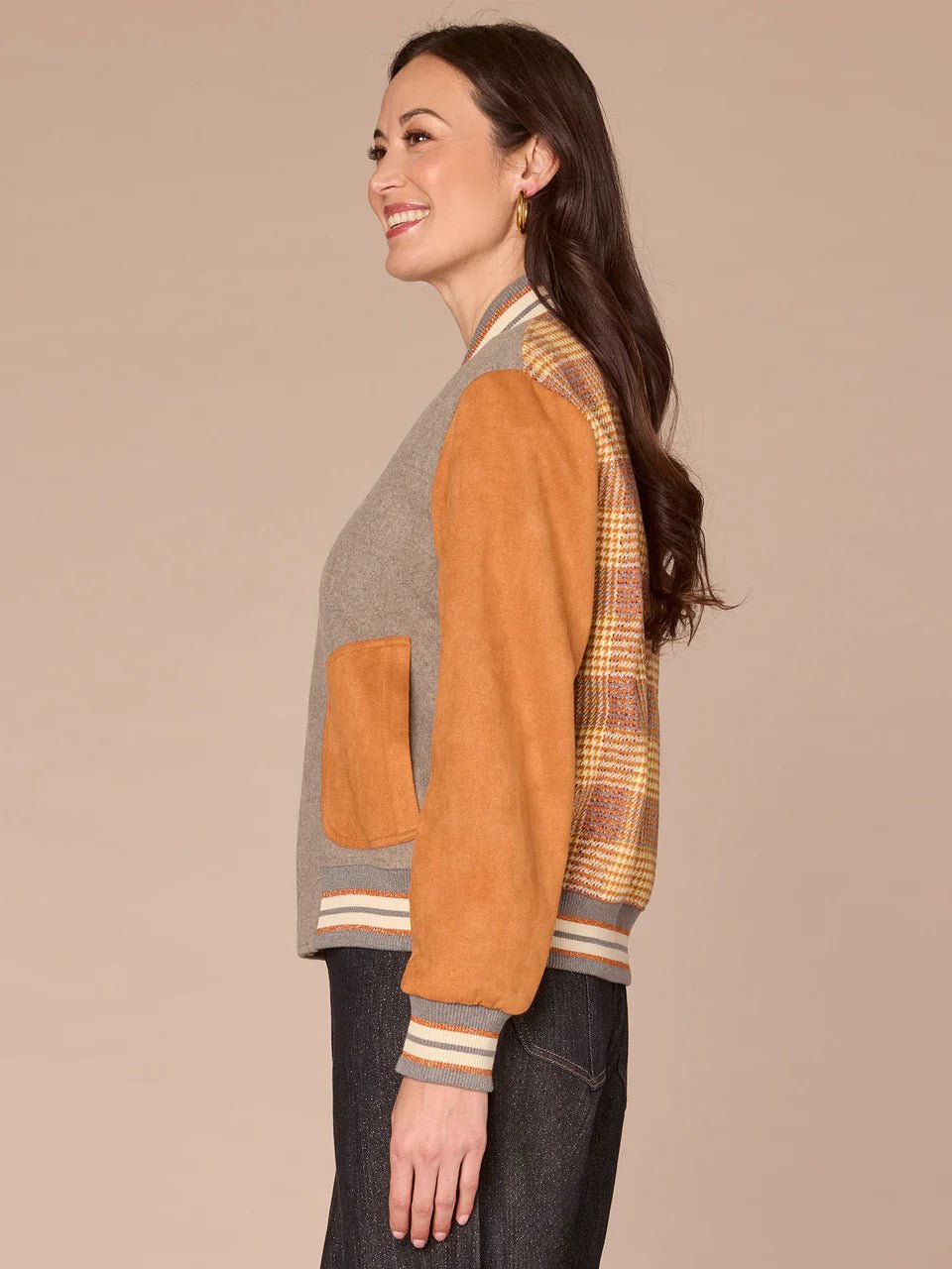 Long Sleeve Stand Collar Round Patch Pocket Mixed Media Woven Jacket - Mainstream Boutique