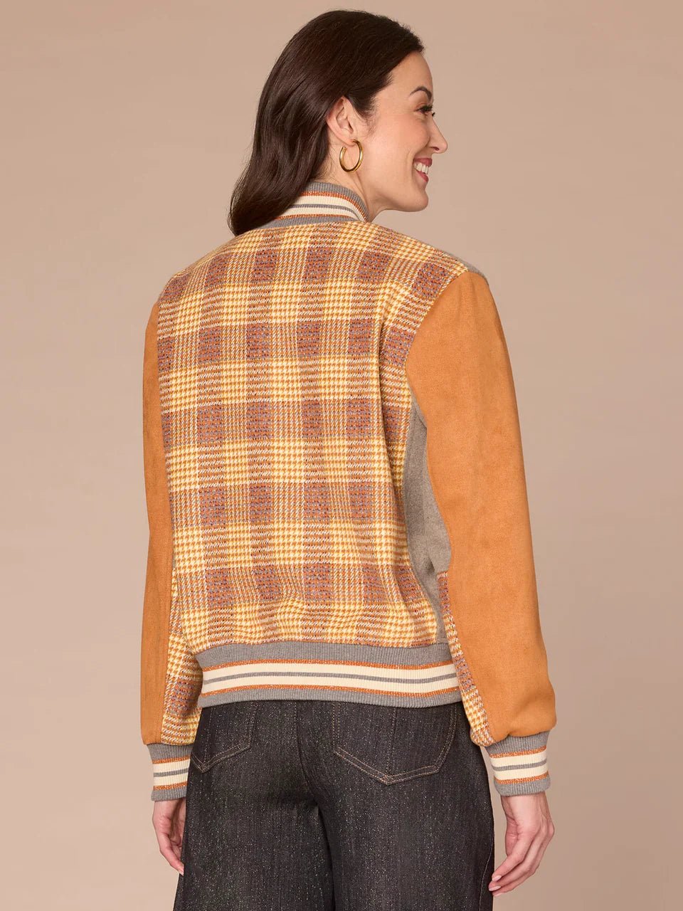 Long Sleeve Stand Collar Round Patch Pocket Mixed Media Woven Jacket - Mainstream Boutique