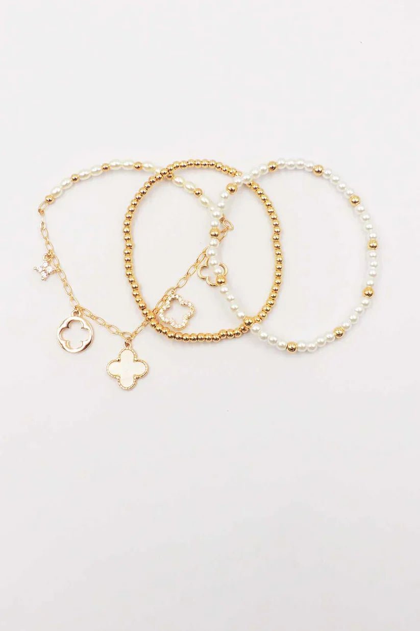 Gold And Pearl Stretch Bracelet Set With Clover Charms - Mainstream Boutique