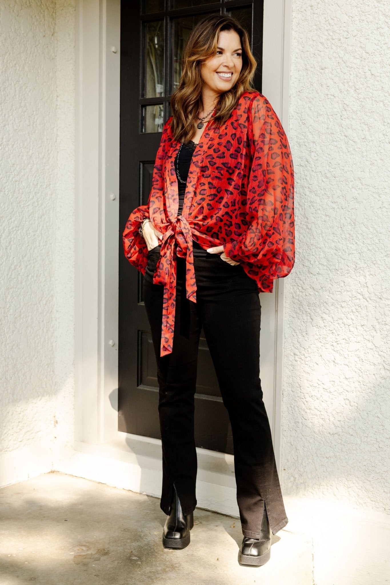 MM Tie Front Kimono - Red Leopard - Mainstream Boutique