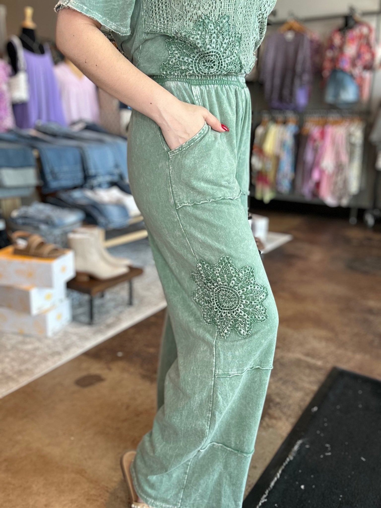 Mineral Washed Doily Detail Wide Leg Pants - Mainstream Boutique