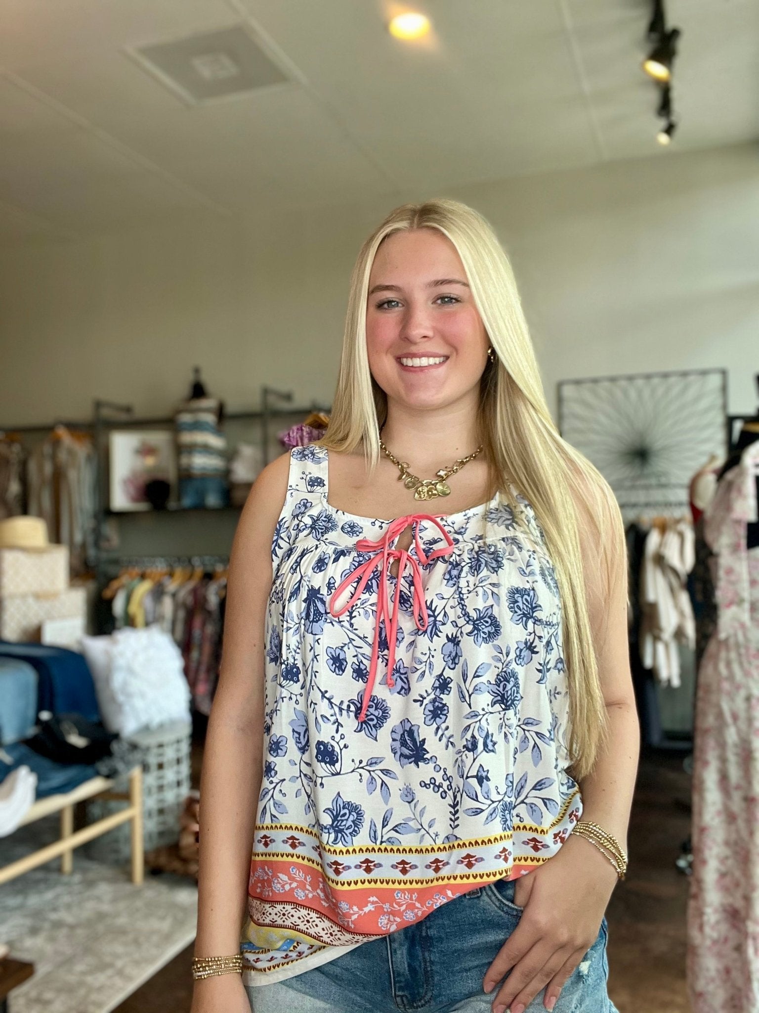 Floral Square Neck Babydoll Top With Front Ties - Mainstream Boutique