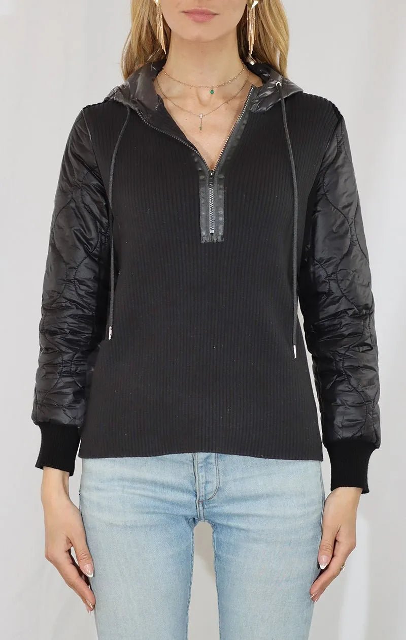 Rib Pullover W/Quilted Woven Sleeves And Hood - Mainstream Boutique