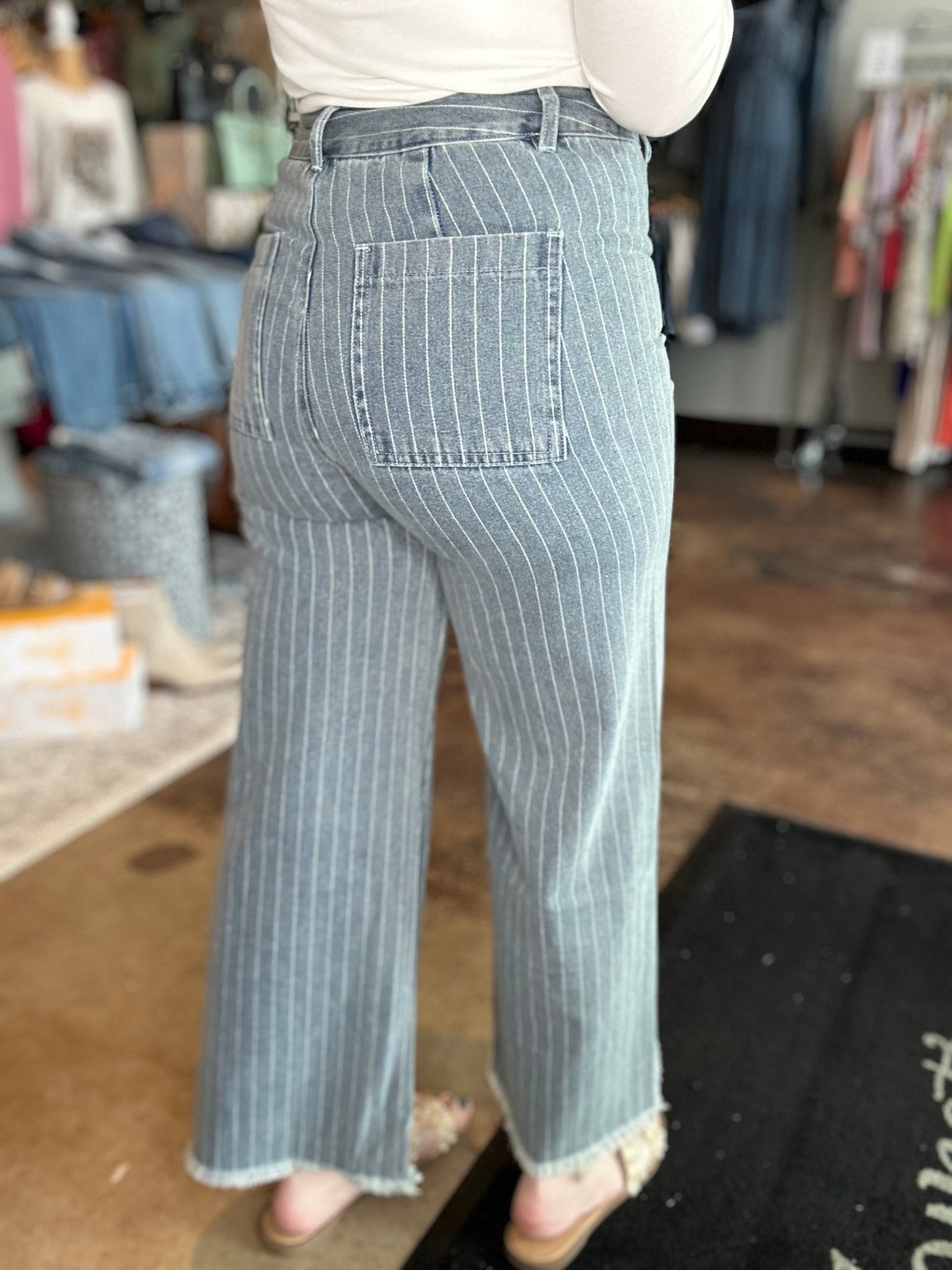 Striped Denim Frayed Hem Pant - Mainstream Boutique