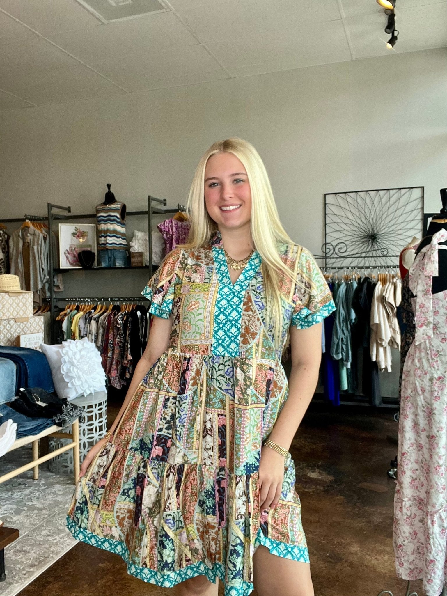 Mixed Print Dress With Flutter Sleeves - Mainstream Boutique