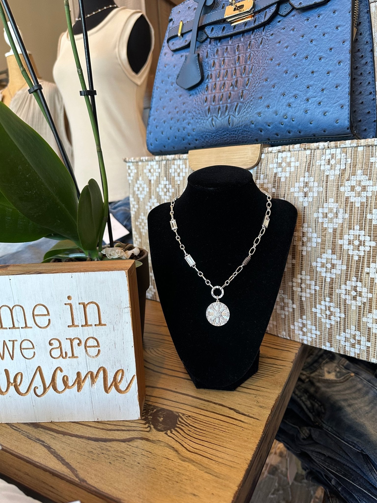 Crystal Beaded Chain Necklace With Coin Pendant And Stud Earrings Set - Mainstream Boutique