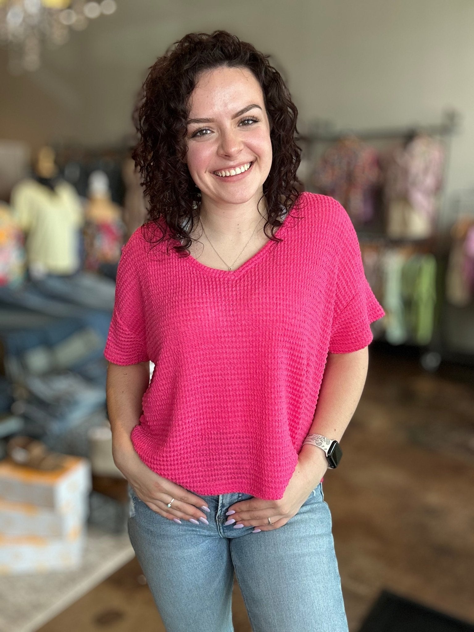 Drop Shoulder Short Sleeve Jacquard Sweater - Mainstream Boutique