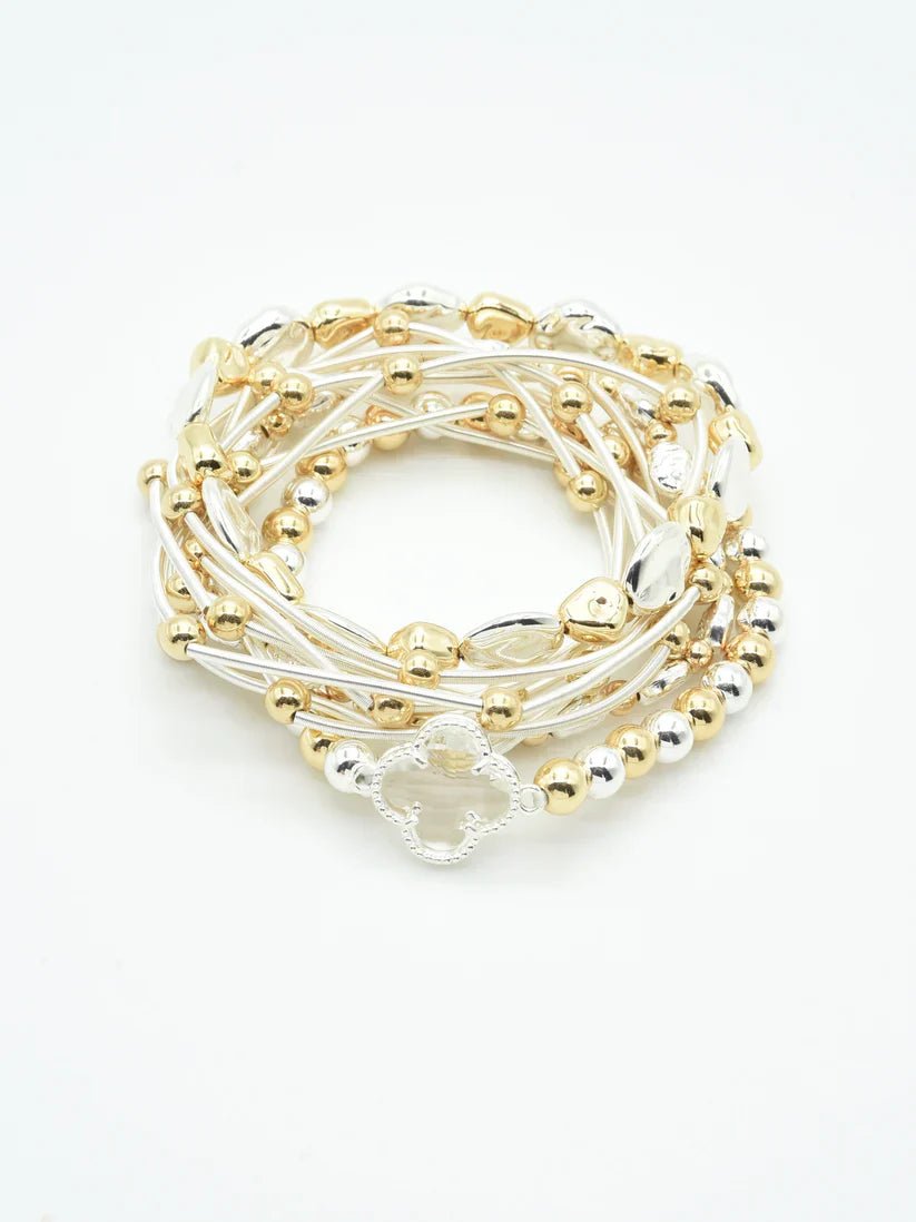 Silver And Gold Stretch Bracelet Set With Clover - Mainstream Boutique
