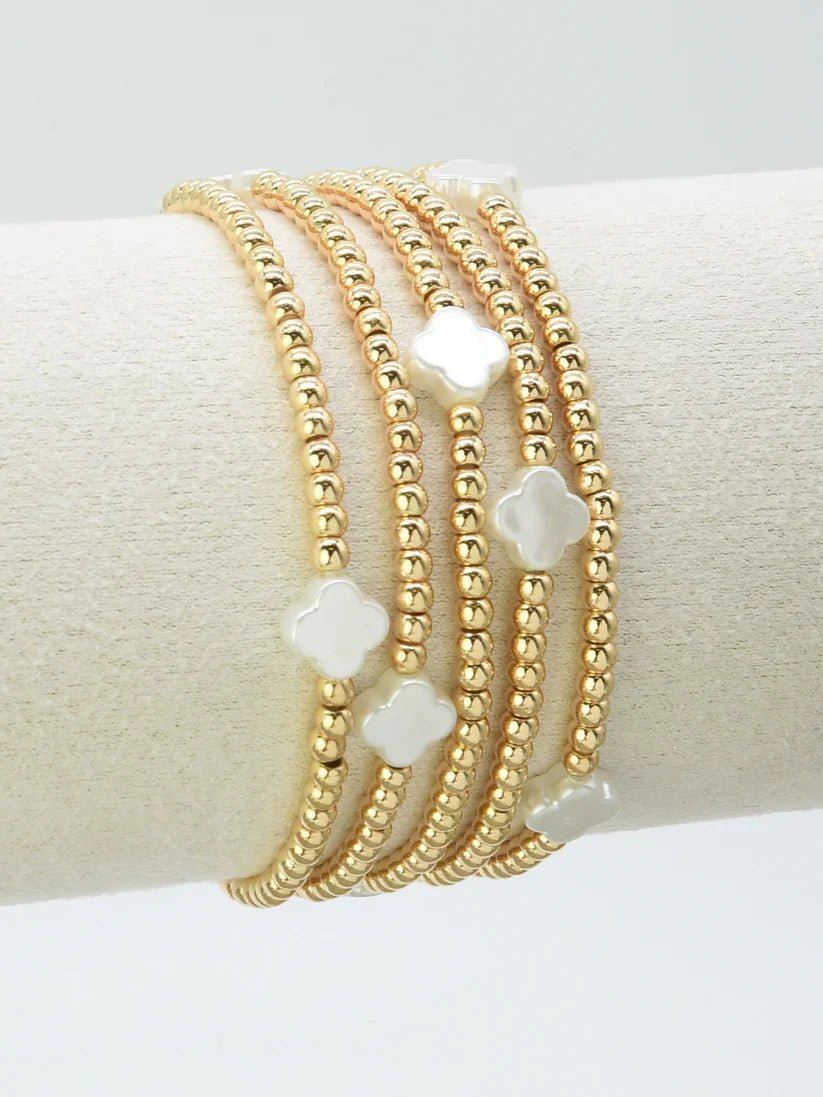 Gold Beaded Stretch Bracelet Set With Clovers - Mainstream Boutique