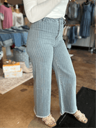 Striped Denim Frayed Hem Pant - Mainstream Boutique