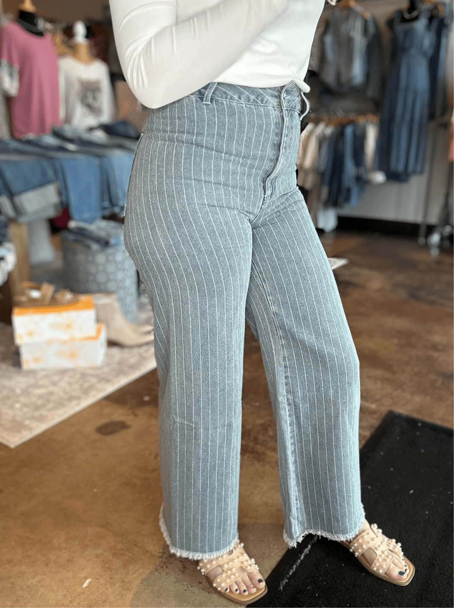 Striped Denim Frayed Hem Pant - Mainstream Boutique